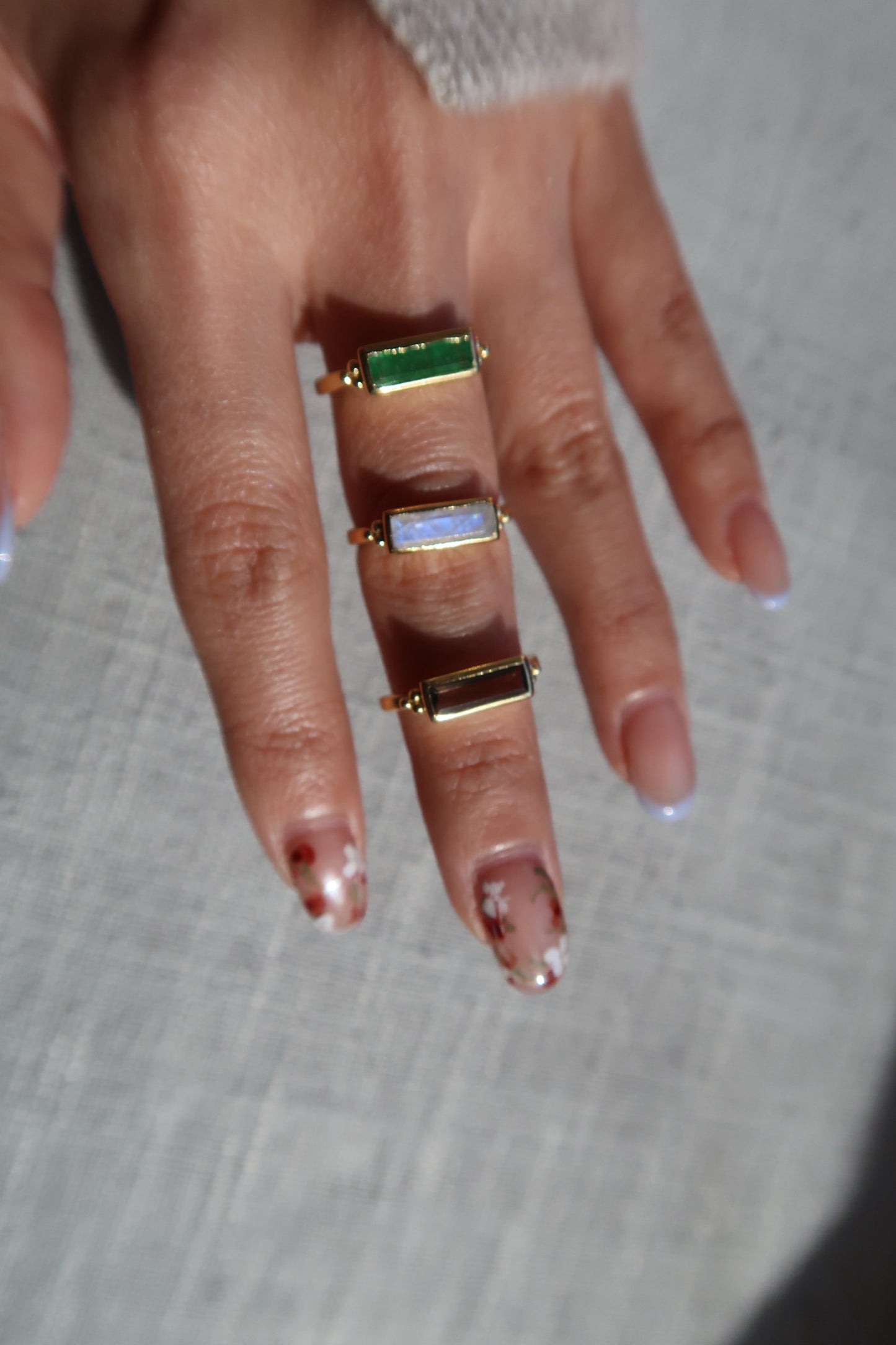 Royal Ring - Gold-plated with Smokey/ Rainbow Moonstone/ Green Jade
