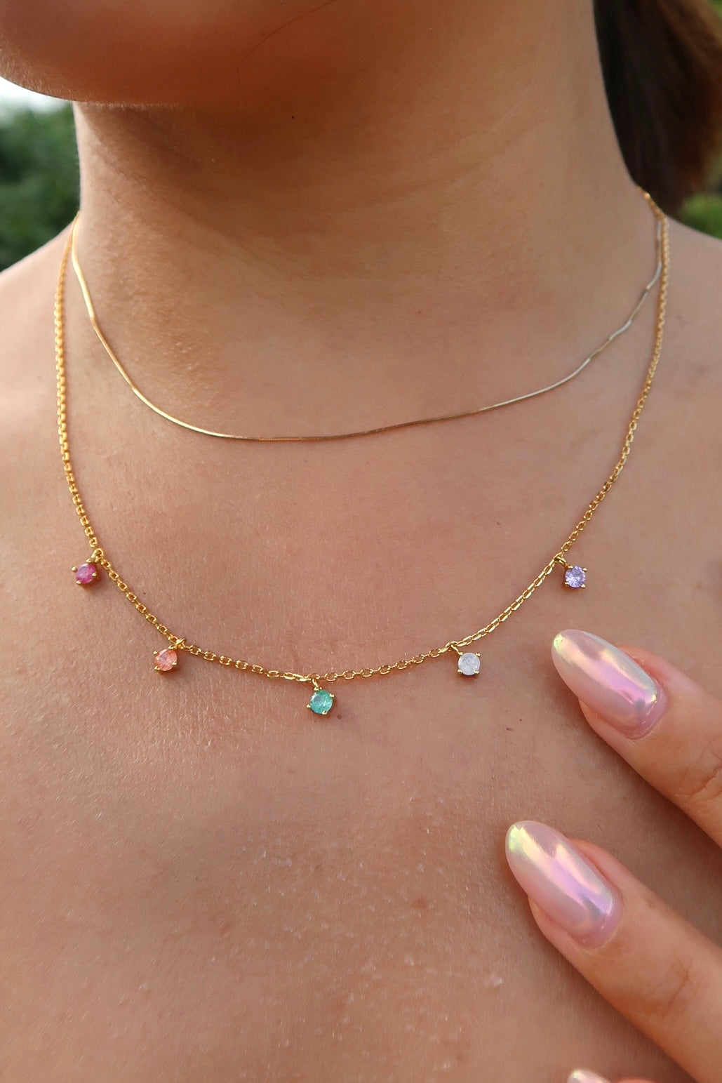 dainty colour gemstones necklace on model